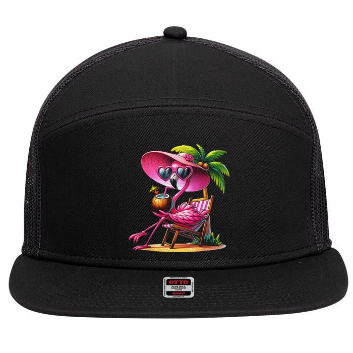 Flamingo Summer Vibes Beach Palm Tree Summer Vacation 7 Panel Mesh Trucker Snapback Hat
