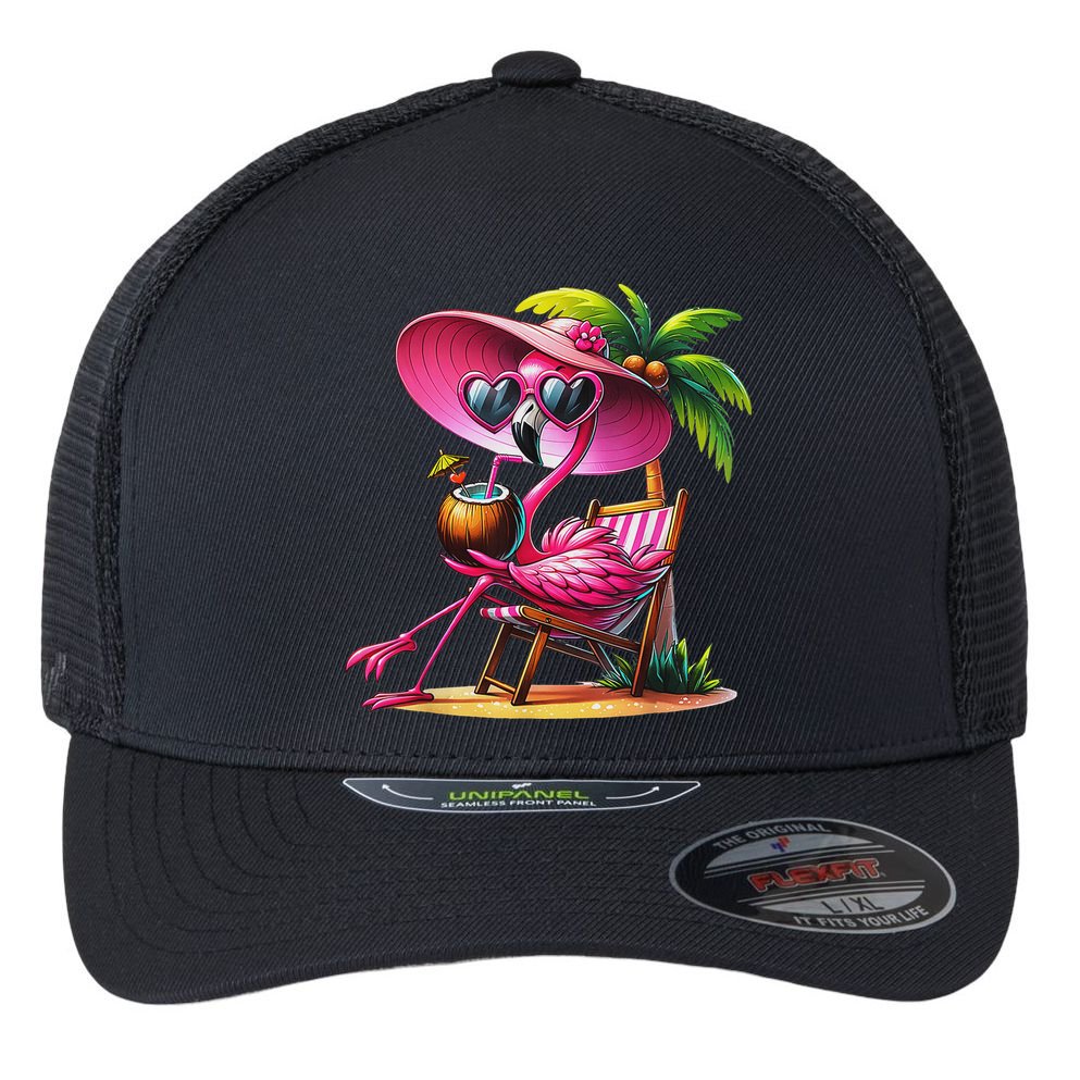 Flamingo Summer Vibes Beach Palm Tree Summer Vacation Flexfit Unipanel Trucker Cap