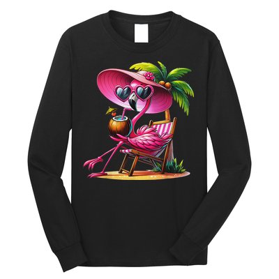 Flamingo Summer Vibes Beach Palm Tree Summer Vacation Long Sleeve Shirt
