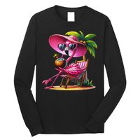 Flamingo Summer Vibes Beach Palm Tree Summer Vacation Long Sleeve Shirt