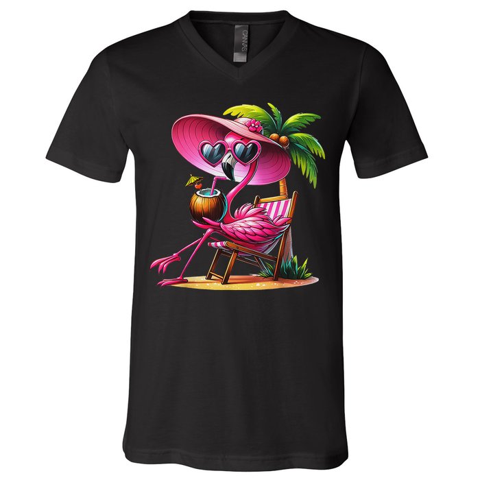 Flamingo Summer Vibes Beach Palm Tree Summer Vacation V-Neck T-Shirt