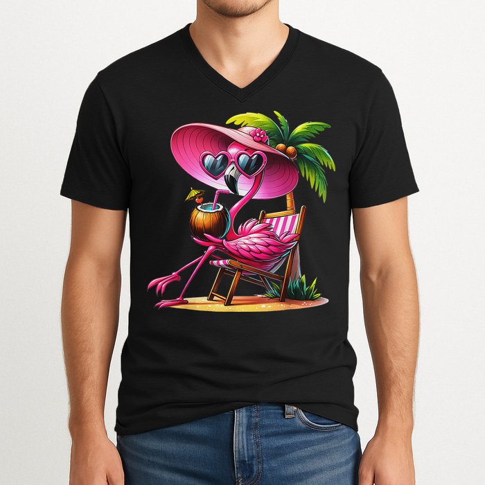 Flamingo Summer Vibes Beach Palm Tree Summer Vacation V-Neck T-Shirt