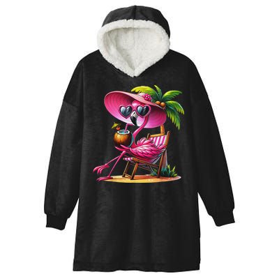 Flamingo Summer Vibes Beach Palm Tree Summer Vacation Hooded Wearable Blanket