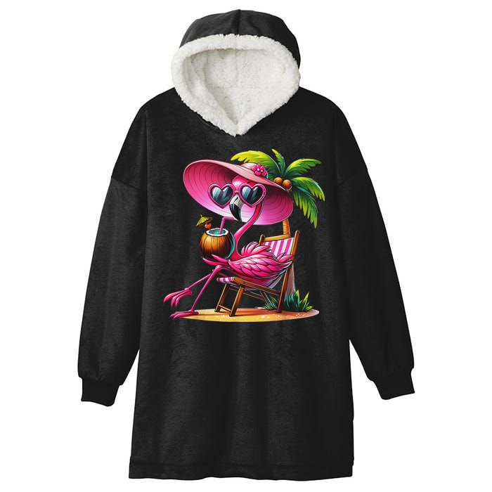 Flamingo Summer Vibes Beach Palm Tree Summer Vacation Hooded Wearable Blanket