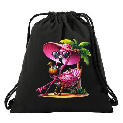 Flamingo Summer Vibes Beach Palm Tree Summer Vacation Drawstring Bag