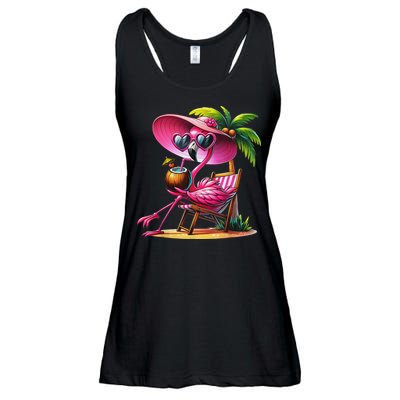 Flamingo Summer Vibes Beach Palm Tree Summer Vacation Ladies Essential Flowy Tank