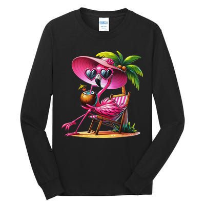 Flamingo Summer Vibes Beach Palm Tree Summer Vacation Tall Long Sleeve T-Shirt
