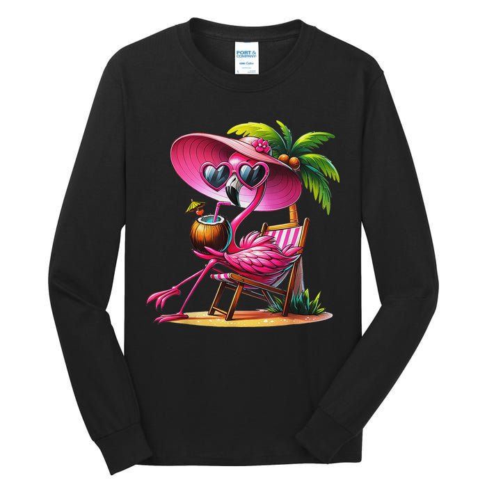 Flamingo Summer Vibes Beach Palm Tree Summer Vacation Tall Long Sleeve T-Shirt