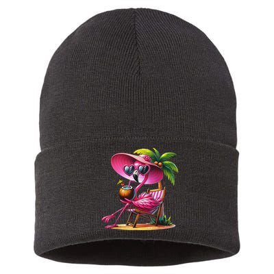 Flamingo Summer Vibes Beach Palm Tree Summer Vacation Sustainable Knit Beanie
