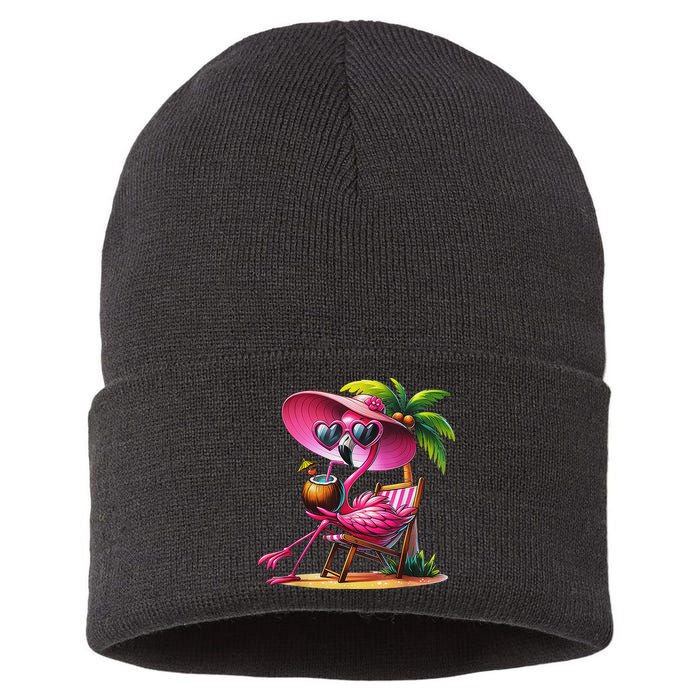 Flamingo Summer Vibes Beach Palm Tree Summer Vacation Sustainable Knit Beanie