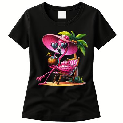 Flamingo Summer Vibes Beach Palm Tree Summer Vacation Womens T-Shirt