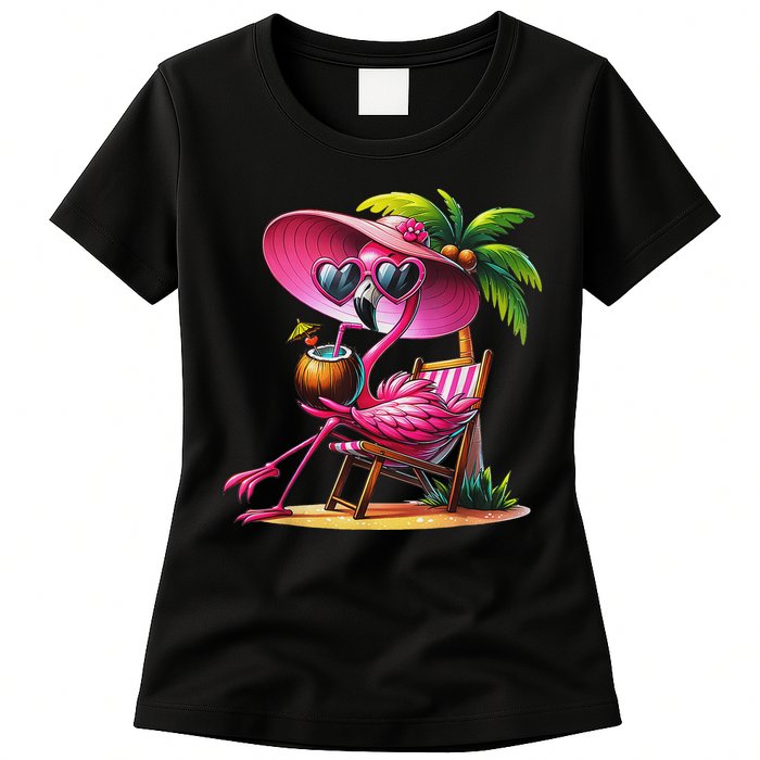 Flamingo Summer Vibes Beach Palm Tree Summer Vacation Womens T-Shirt