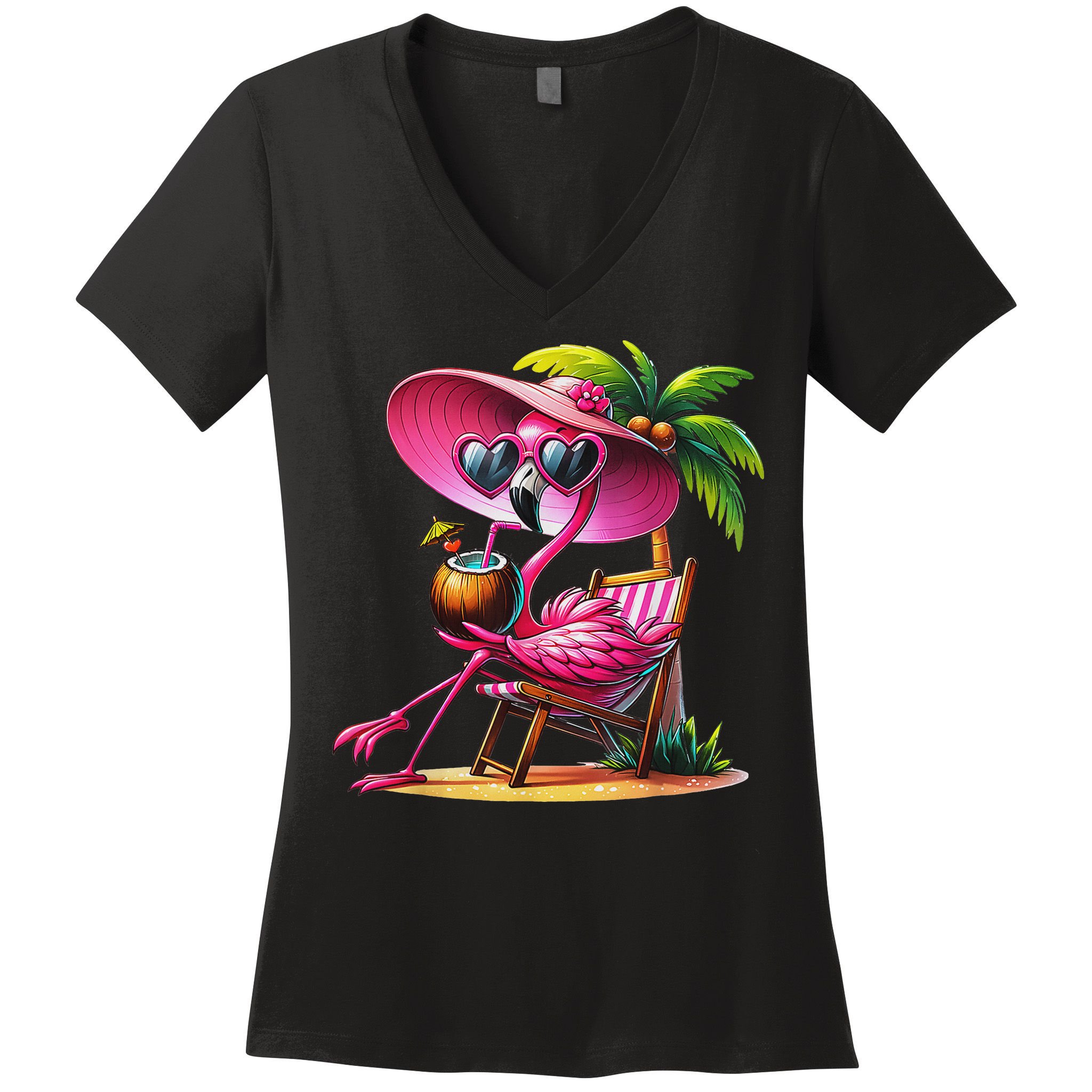 Flamingo Summer Vibes Beach Palm Tree Summer Vacation Women's V-Neck T-Shirt