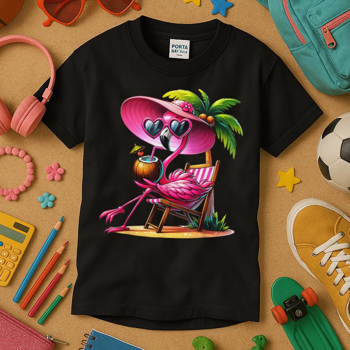 Flamingo Summer Vibes Beach Palm Tree Summer Vacation Kids T-Shirt