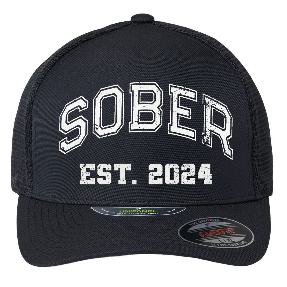 Funny Sober Varsity Est. 2024 Sobriety Celebrate Recovery Aa Flexfit Unipanel Trucker Cap