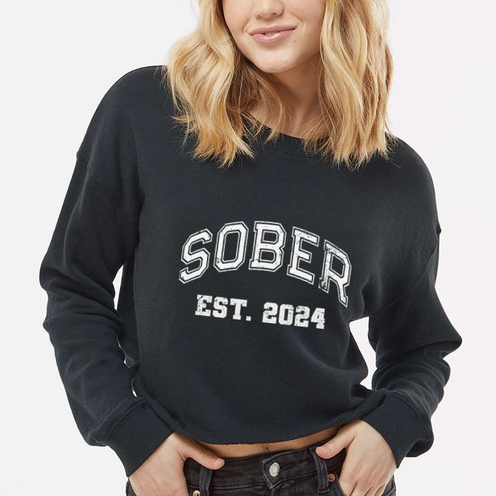 Funny Sober Varsity Est. 2024 Sobriety Celebrate Recovery Aa Cropped Pullover Crew