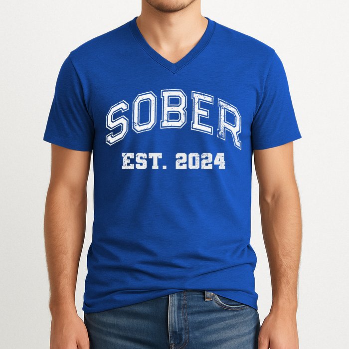 Funny Sober Varsity Est. 2024 Sobriety Celebrate Recovery Aa V-Neck T-Shirt