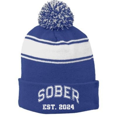 Funny Sober Varsity Est. 2024 Sobriety Celebrate Recovery Aa Stripe Pom Pom Beanie