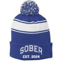 Funny Sober Varsity Est. 2024 Sobriety Celebrate Recovery Aa Stripe Pom Pom Beanie