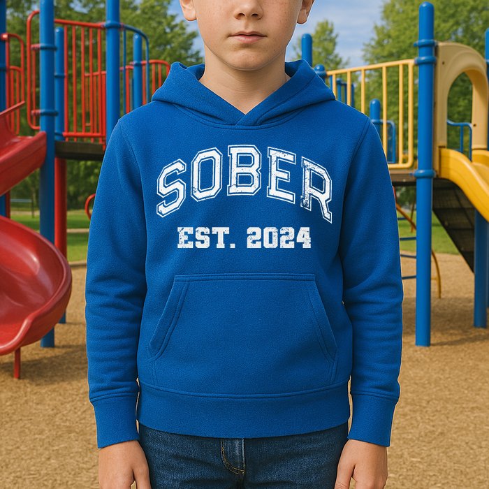 Funny Sober Varsity Est. 2024 Sobriety Celebrate Recovery Aa Kids Hoodie