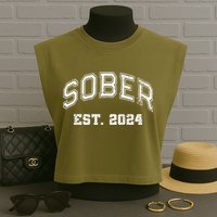 Funny Sober Varsity Est. 2024 Sobriety Celebrate Recovery Aa Garment-Dyed Women's Muscle Tee