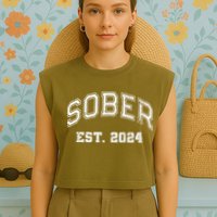 Funny Sober Varsity Est. 2024 Sobriety Celebrate Recovery Aa Garment-Dyed Women's Muscle Tee
