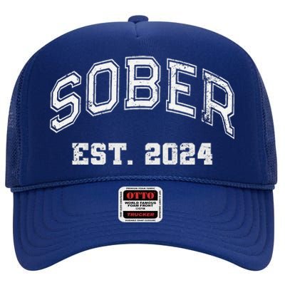 Funny Sober Varsity Est. 2024 Sobriety Celebrate Recovery Aa High Crown Mesh Back Trucker Hat