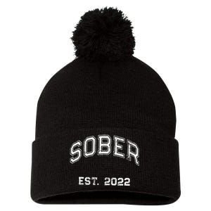 Funny Sober Varsity Est. 2024 Sobriety Celebrate Recovery Aa Pom Pom 12in Knit Beanie