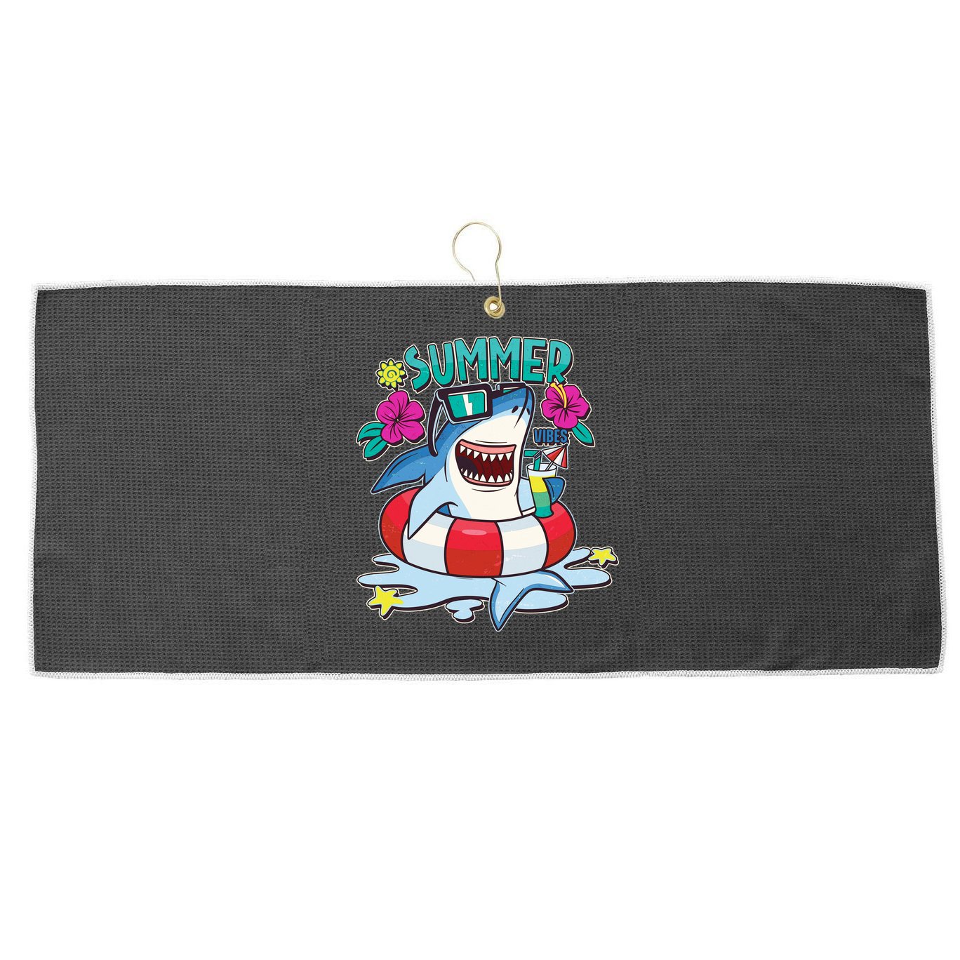 Funny Summer Vibe Vacation Shark Large Microfiber Waffle Golf Towel
