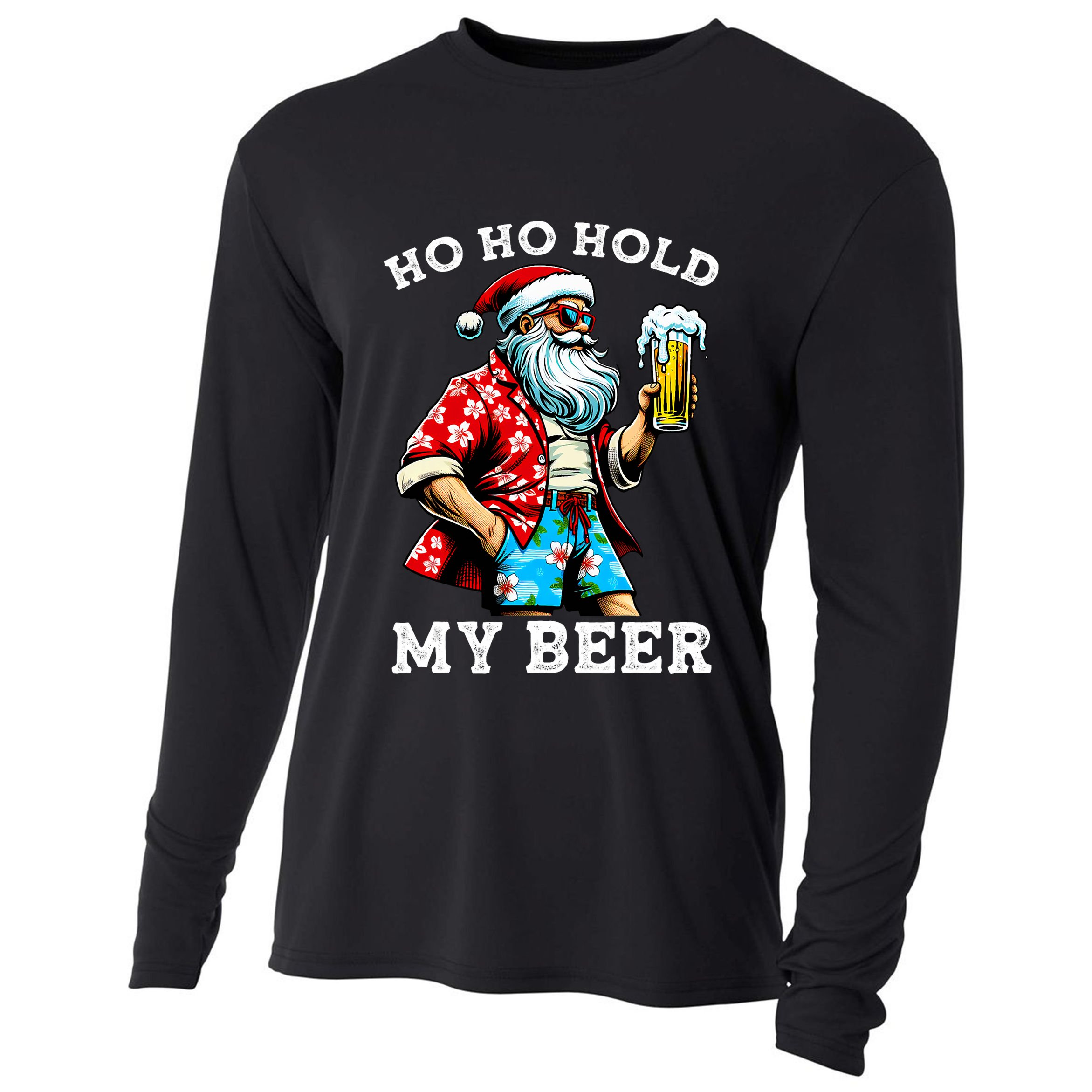 Funny Santa With Sunglasses And Beer Christmas In July Cooling Performance Long Sleeve Crew