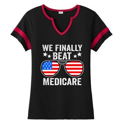 Funny Saying We Finally Beat Medicare Sunglasses Usa Flag Ladies Halftime Notch Neck Tee