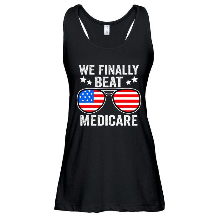 Funny Saying We Finally Beat Medicare Sunglasses Usa Flag Ladies Essential Flowy Tank