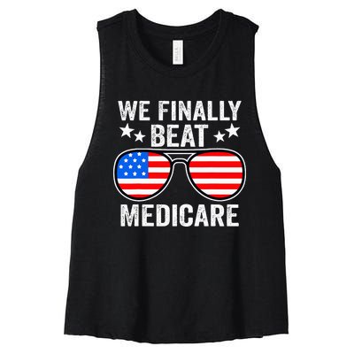 Funny Saying We Finally Beat Medicare Sunglasses Usa Flag Women's Racerback Cropped Tank