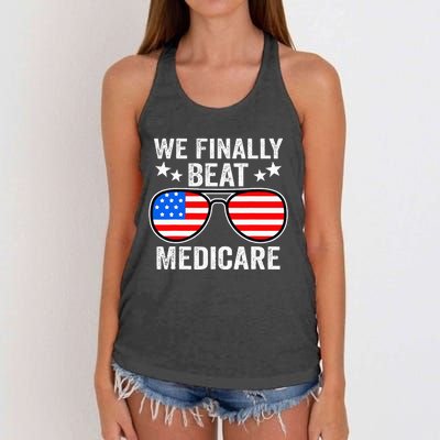 Funny Saying We Finally Beat Medicare Sunglasses Usa Flag Women's Knotted Racerback Tank