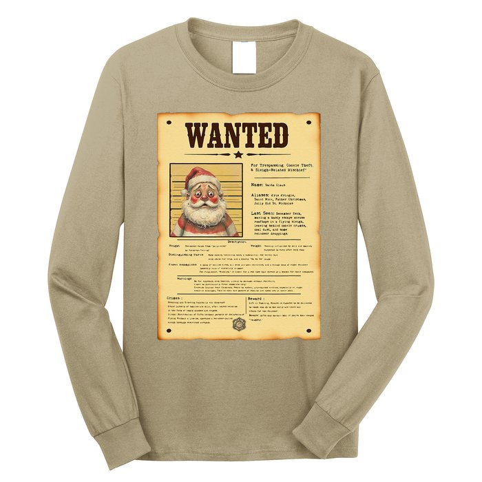 Funny Santa Wanted Poster Vintage Christmas Humor Design Long Sleeve Shirt