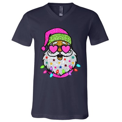 Funny Santa With Sunglasses Christmas Pink V-Neck T-Shirt