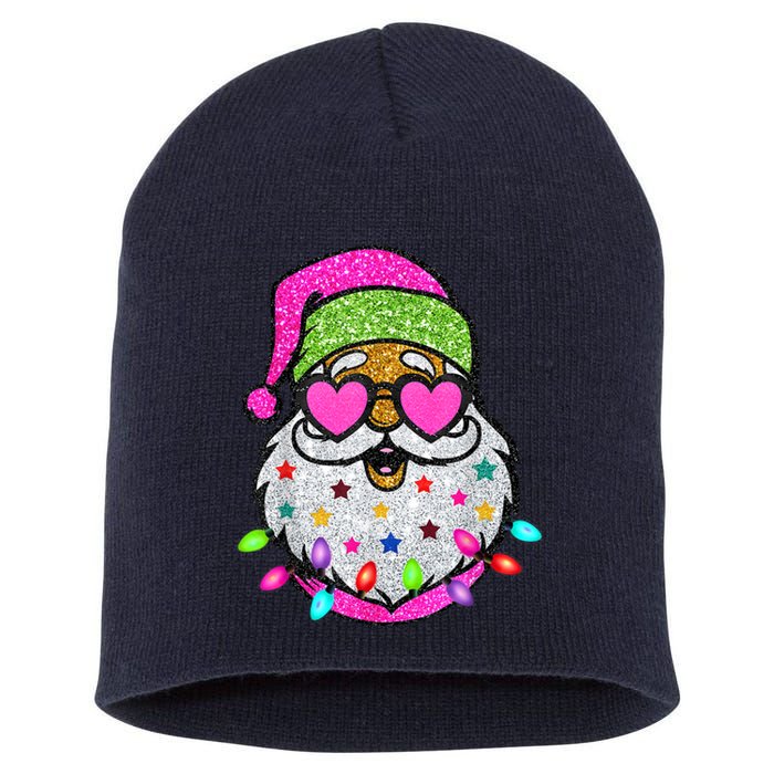 Funny Santa With Sunglasses Christmas Pink Short Acrylic Beanie