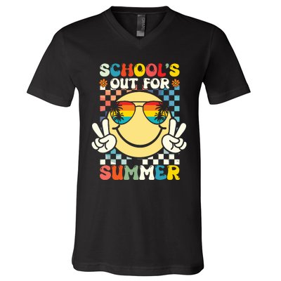 Funny Smile Wearing Sunglasses Schools Out For Summer V-Neck T-Shirt