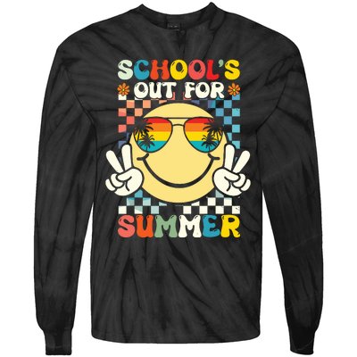 Funny Smile Wearing Sunglasses Schools Out For Summer Tie-Dye Long Sleeve Shirt