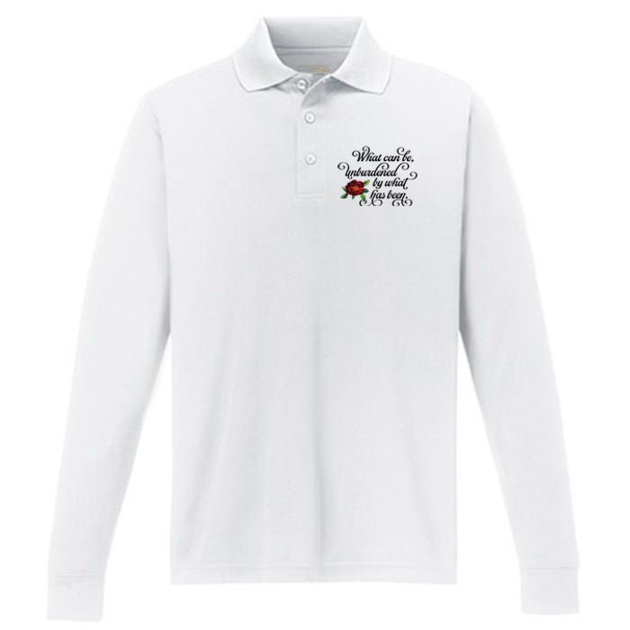 Floral Script What Can Be Unburdened By What Has Been Performance Long Sleeve Polo