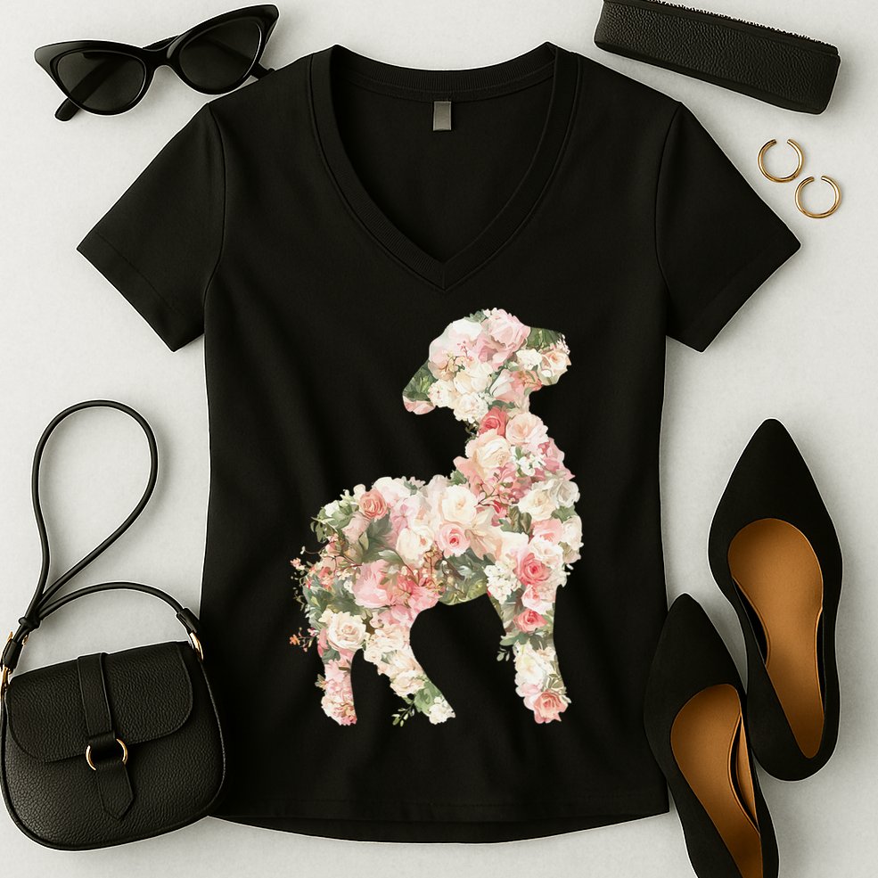 Floral Spring Women Flower Lamb Women's V-Neck T-Shirt