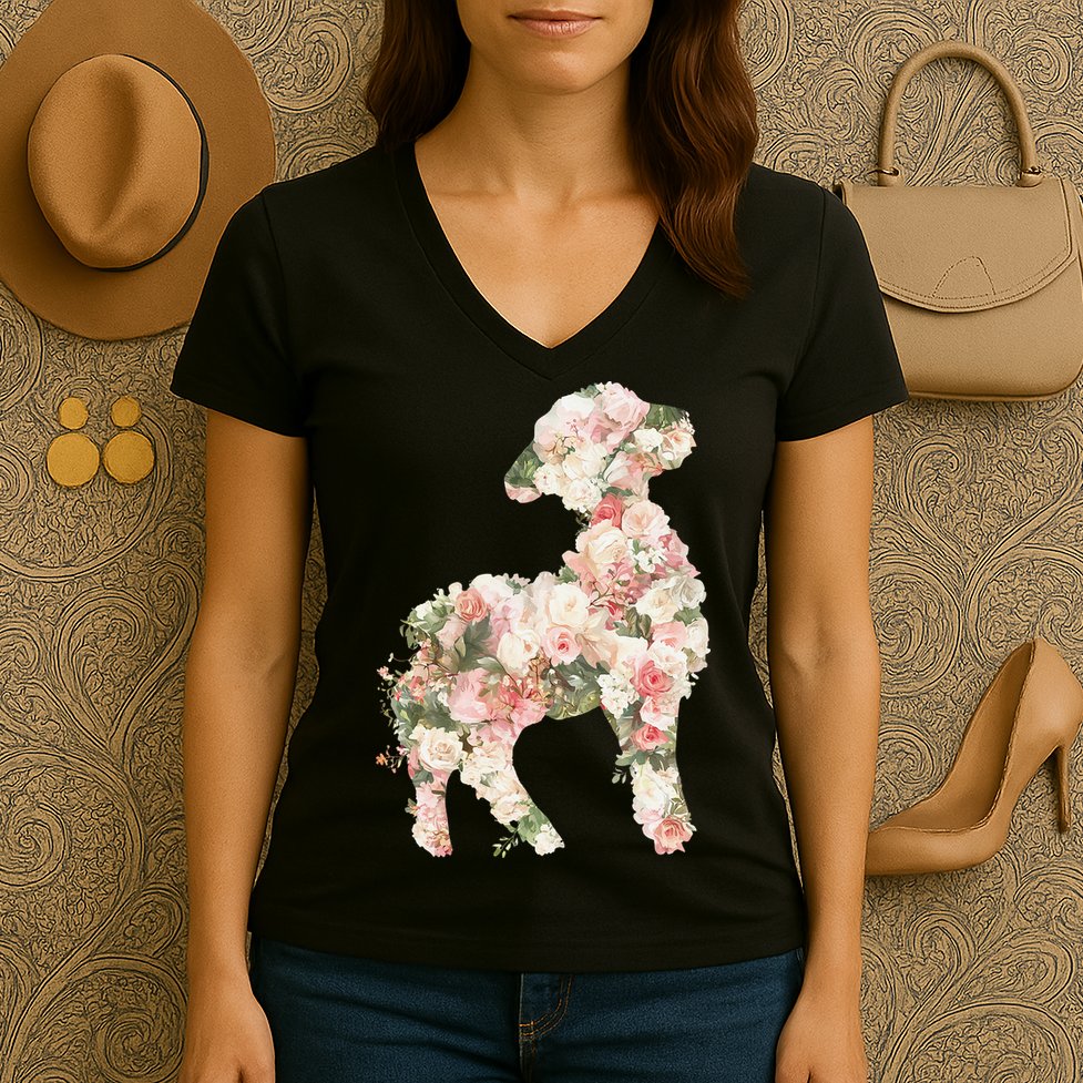 Floral Spring Women Flower Lamb Women's V-Neck T-Shirt