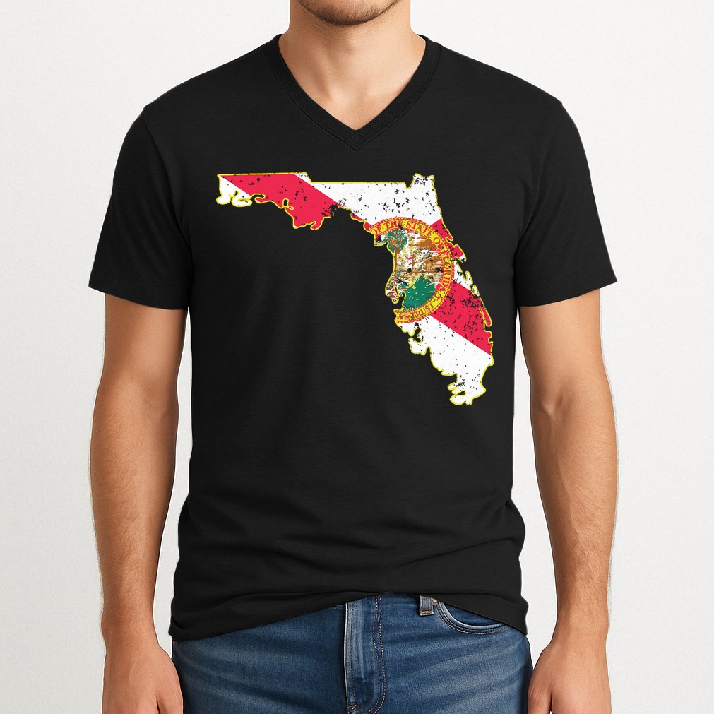 Florida State With Florida Shape Flag V-Neck T-Shirt