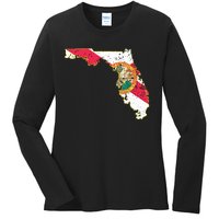 Florida State With Florida Shape Flag Ladies Long Sleeve Shirt