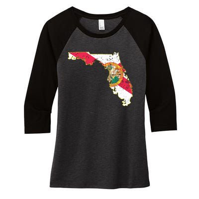 Florida State With Florida Shape Flag Women's Tri-Blend 3/4-Sleeve Raglan Shirt