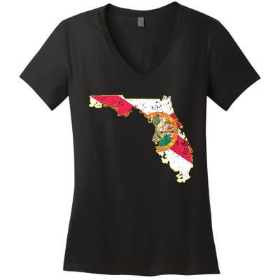 Florida State With Florida Shape Flag Women's V-Neck T-Shirt