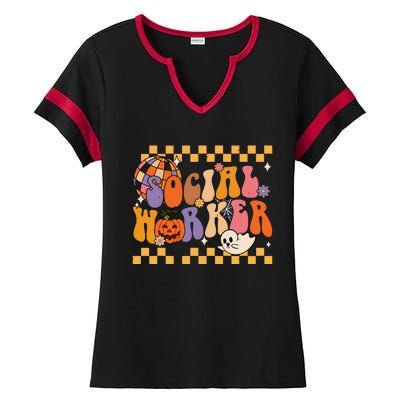 Funny Social Worker Halloween School Social Work Retro Ghost Ladies Halftime Notch Neck Tee