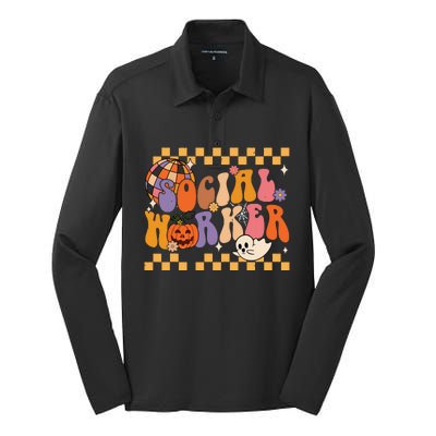 Funny Social Worker Halloween School Social Work Retro Ghost Silk Touch Performance Long Sleeve Polo