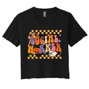 Funny Social Worker Halloween School Social Work Retro Ghost Women's Crop Top Tee