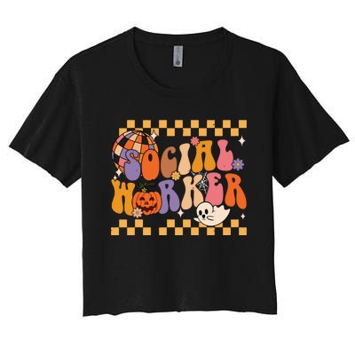 Funny Social Worker Halloween School Social Work Retro Ghost Women's Crop Top Tee